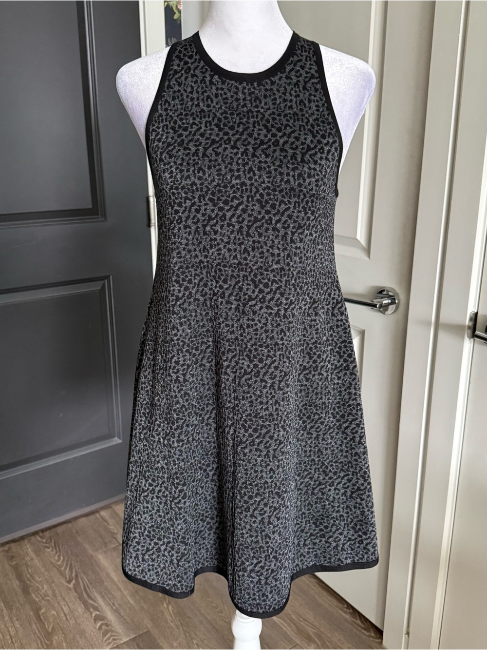 NWT Saint Laurent Black and Gray Leopard Print A-Line Silk Mini Dress Size M